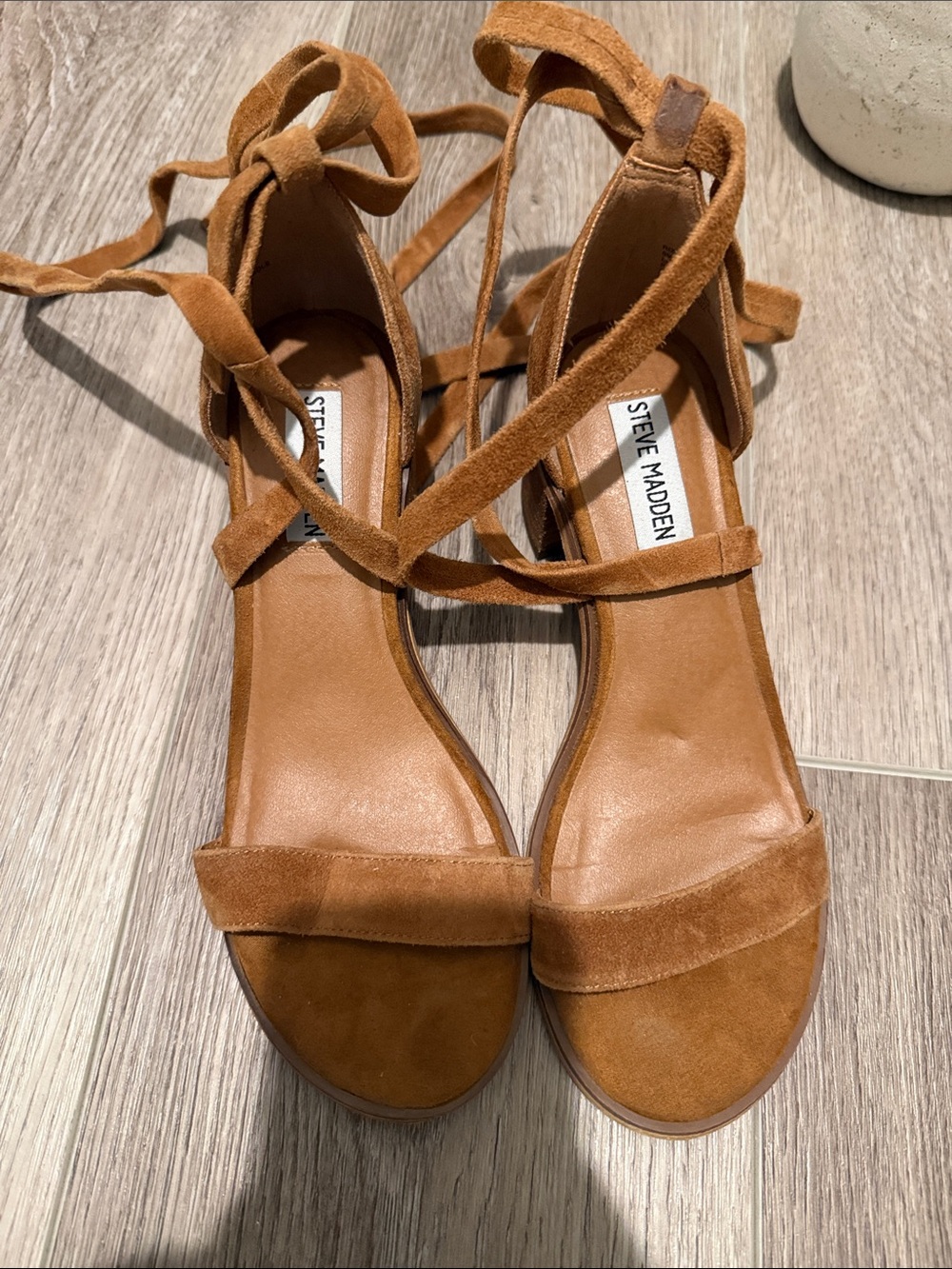 Steve Madden Tan Suede Wrap-Ankle Block Heel Sandals